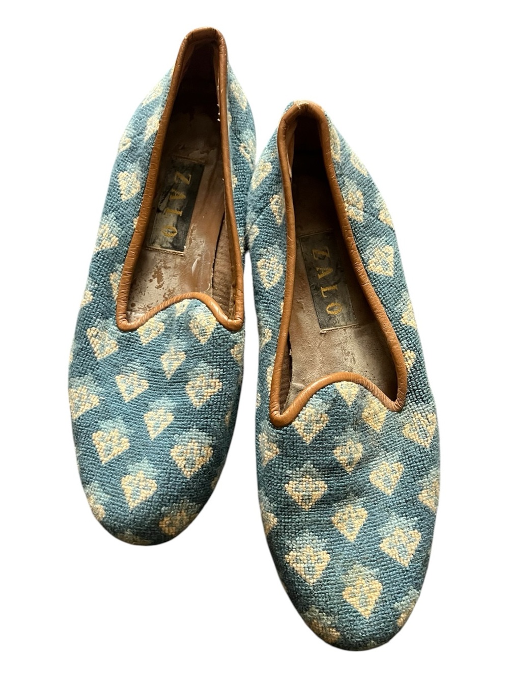 Zalo Blue Canvas Pattern Slip-On Flats with Tan Trim, size 8.5